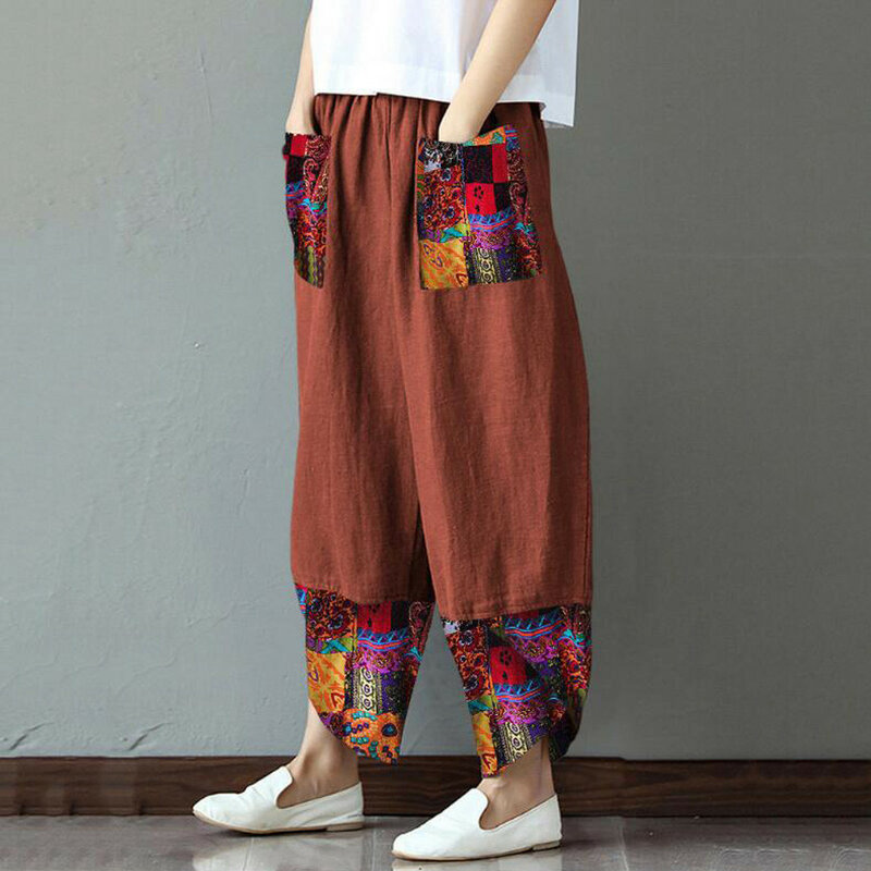 2023 Fashion Summer Vintage Casual Elastic Waist Pants Leg Patchwork Irregular Women Cotton Wide Straight Loose Print Pants