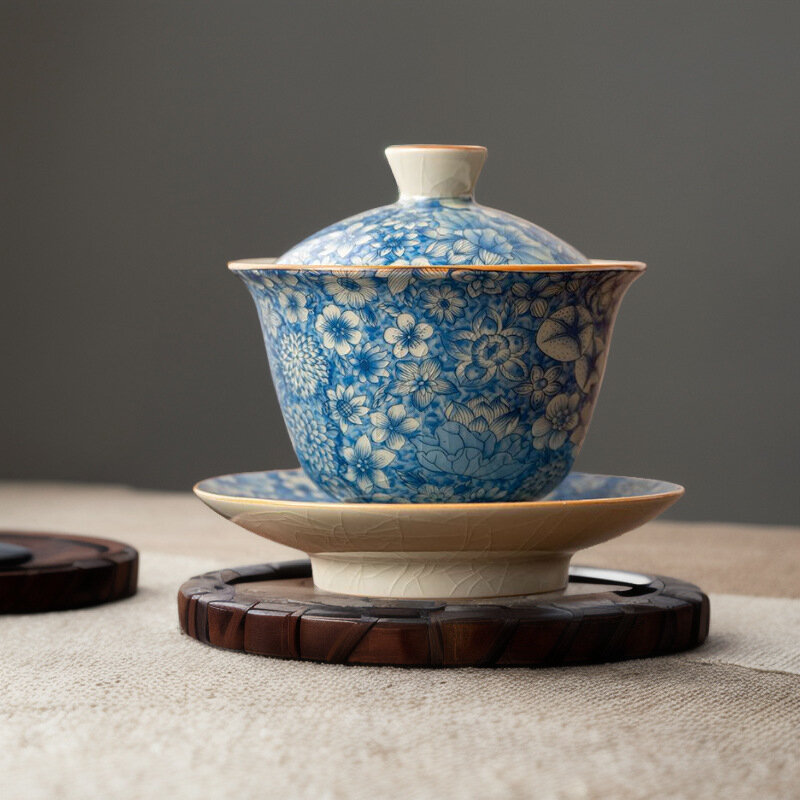 Retro Ru Kiln Tea Tureen Ceramic Sancai Cover Bowl Tea Maker Gaiwan Can Raise Kung Fu Teaware