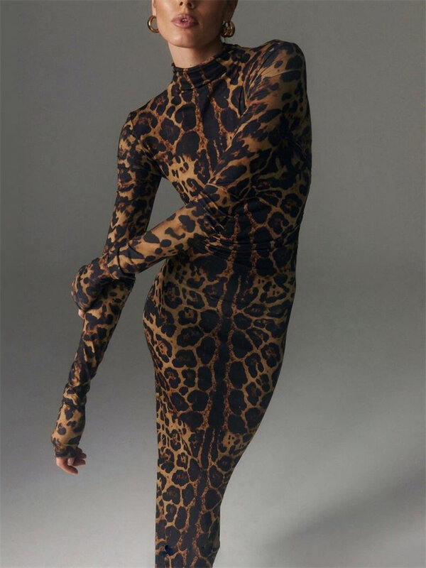 Glänzendes weibliches Maxi kleid mit Leoparden muster, dünnes, langärmliges, sexy Sommer-Streetwear-Kleid mit hoher Taille, Damen-Leoparden kleid