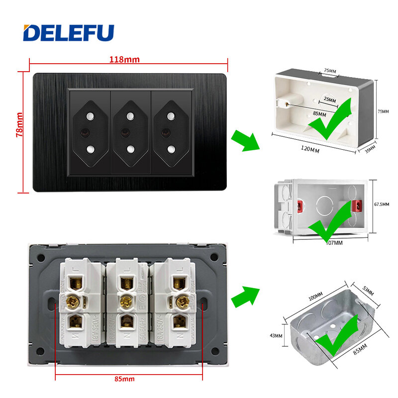 Delefu สีดำกันไฟติดผนังชนิด C, ปลั๊กไฟมาตรฐานมีแปรงถ่าน USB Type C สีดำเต้าเสียบสายไฟติดผนัง