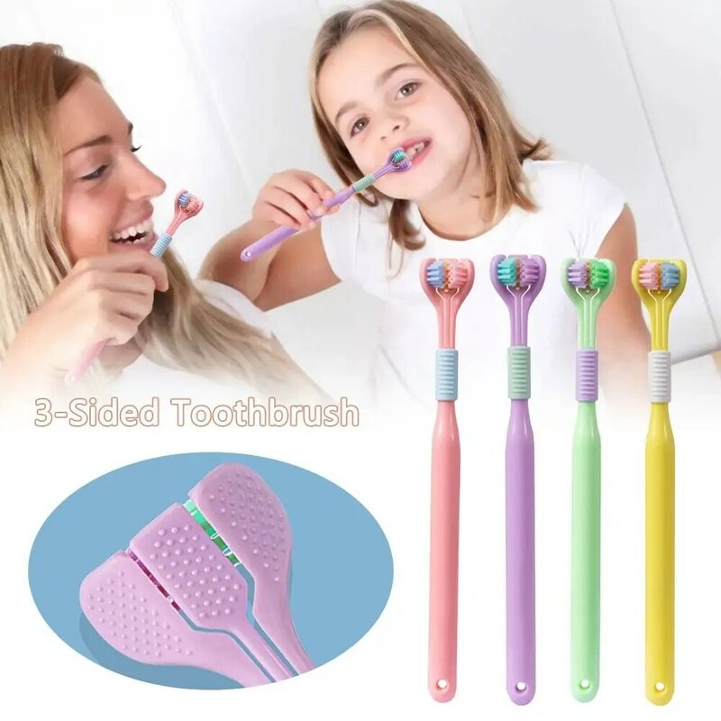 Cepillo de dientes de 3 caras para niños y adultos, utensilio de viaje para eliminar manchas de salud bucal, pasta de dientes, cuidado bucal