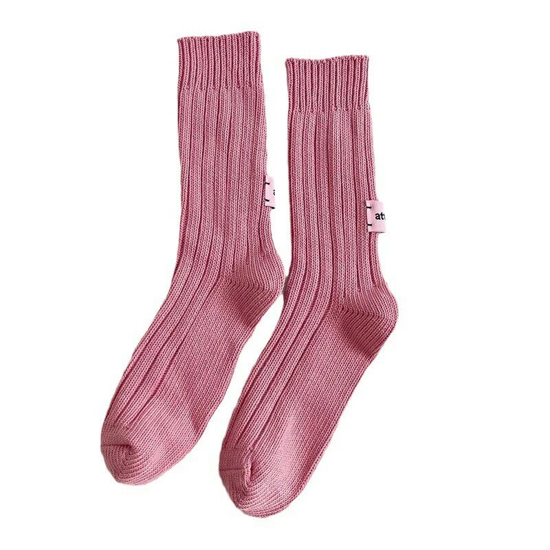 Thread Thick Knitted Middle Tube Socks, Etiqueta Simples Japonesa de Algodão, Homens Mulheres Casais Esportes Meias Empilhadas, Agulha Coreana
