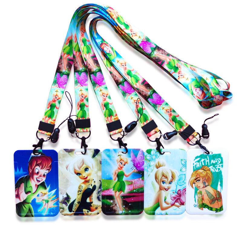 Disney-Tinker Bell Titular do Cartão de Identificação para Mulheres, Correias, Alça de Pescoço, Caso Cartão de Crédito, Meninas Titular do Emblema, Clipe Retrátil