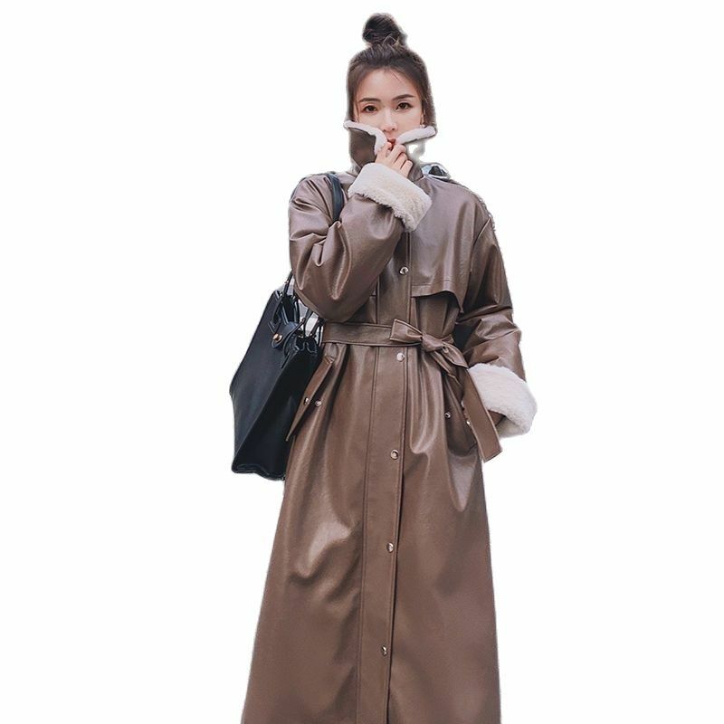 Fur Locomotive Retro Winter Thicked Extra Long Oversized Black Faux Leather Trench Coat for Women Long Sleeve Belt Loose Fashion