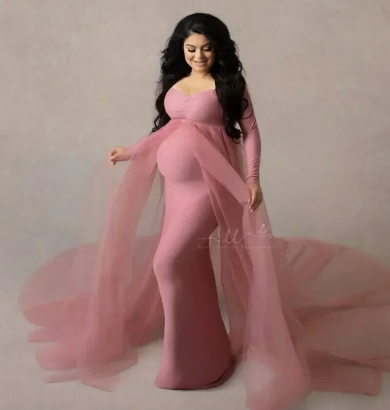 Damska z długim rękawem z odkrytymi ramionami macierzyńska Maxi fotografia rekwizyty sukienka tiulowa suknia ślubna syrenka do sesji zdjęciowej Baby Shower