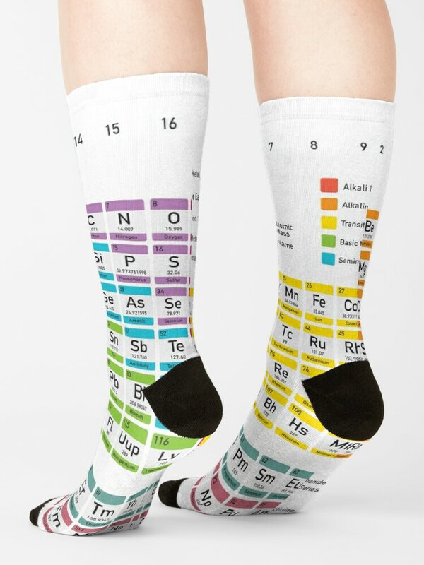 Calcetines de senderismo para hombre y mujer, tabla periódica detallada con código de color sobre fondo blanco HD, alta calidad, tienda en línea, luxe