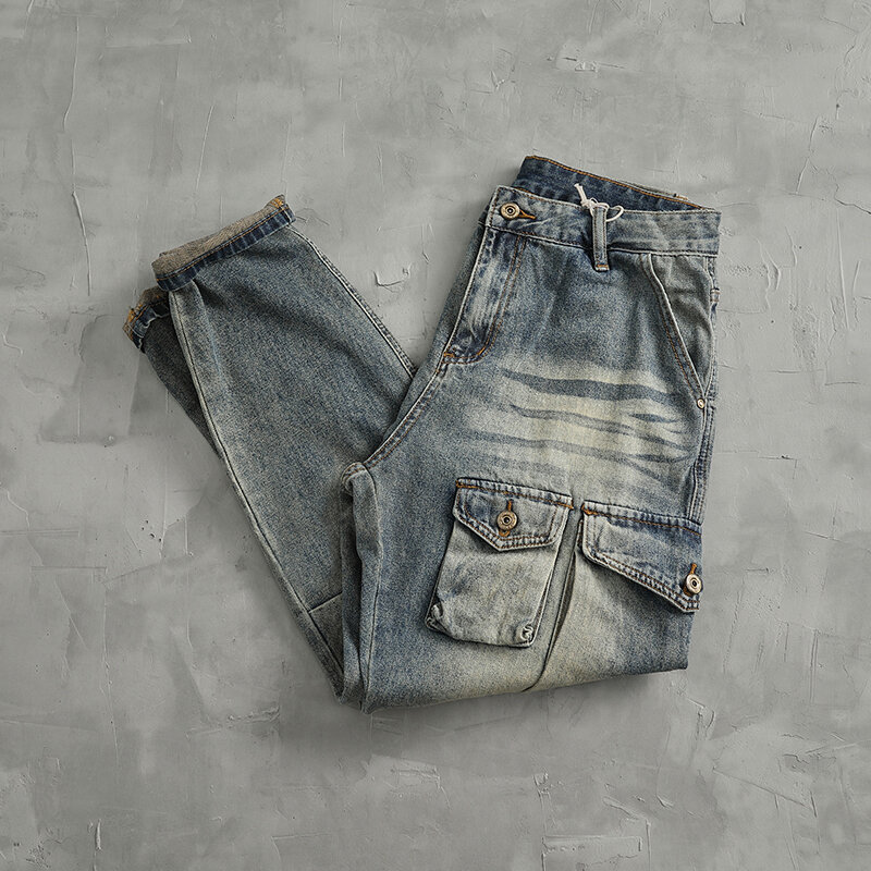 Jeans de carga vintage masculino, cone reto com vários bolsos, calça casual pesada lavada, maré americana, maré