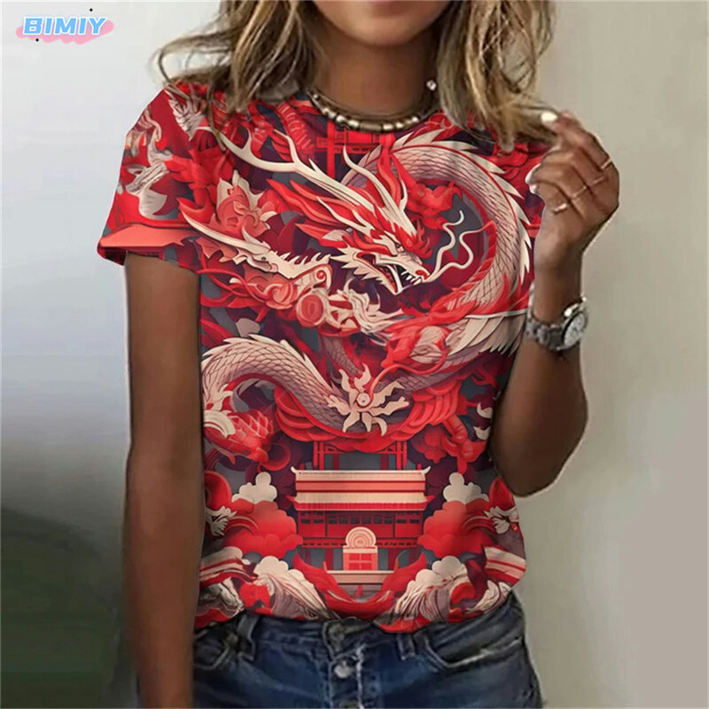 Dragon Print Women Tshirt Polyester Casual Funny Gift Top Tee Women's T-Shirt Kawaii Dragon Print T Shirt Summer Graphic Tees