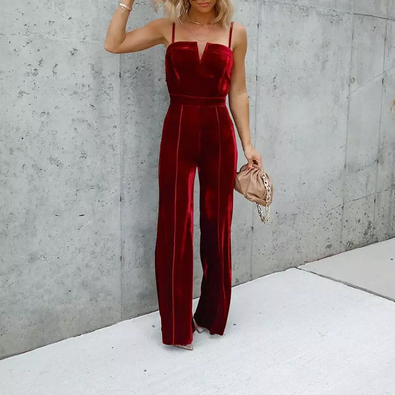 Casual Sleeveless Straps Romper Lady Sexy V Neck High Waist Playsuit Overalls Korean Velvet Solid Straight Pants Women Jumpsuits