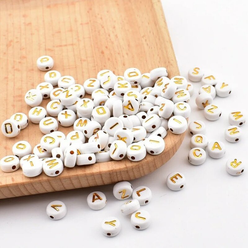 Lote de 50 cuentas de letras acrílicas, abalorios redondos de oro blanco para fabricación de joyas, 7x4x1mm
