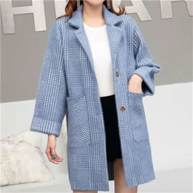 Manteau en laine à carreaux mi-long pour femme, style paresseux, fourrure de vison épaissie, col trempé, nouvelle mode, 2023, P26