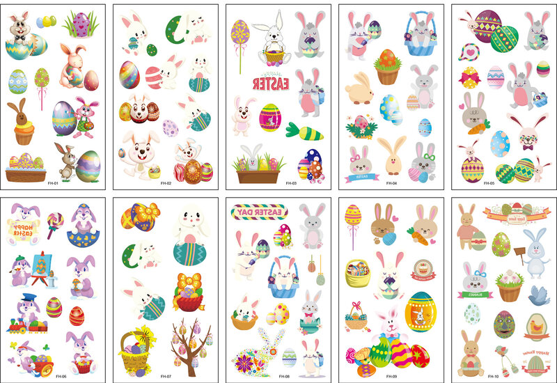 Autocollants de faux tatouages temporaires de dessin animé pour enfants, paquet de 10, autocollants de bras pour enfants, œufs de lapin de pâques, fête amusante