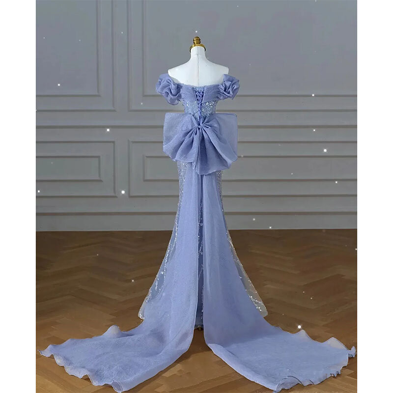 Vestido de baile de lantejoulas azul céu feminino, miçangas sem ombro, costas laço, vestidos de festa sereia, moda, 2024