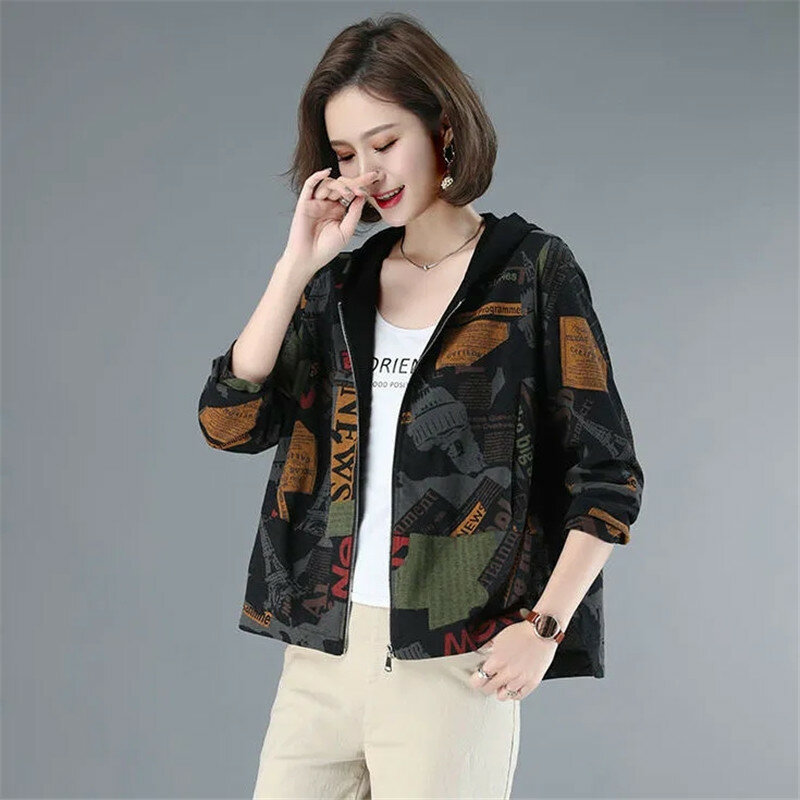 Women's Large Size Printed Short Jacket Hooded Loose Jacket 2024 Spring Autumn New Korean Version Casual Outerwear Top Female