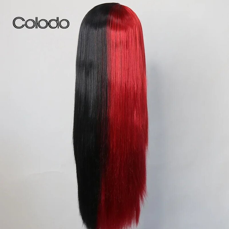 كولودو-شعر مستعار اصطناعي مستقيم مع دانتيل أمامي ، مقاوم للحرارة ، بدون غراء ، ملكة سحب ، أحمر أسود اللون ، 30 بوصة ، جودة عالية