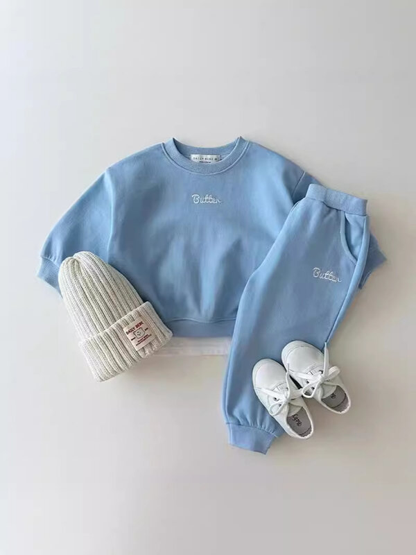 Conjunto de sudadera de manga larga para niño y niña, ropa deportiva informal con bordado de letras, Tops y pantalones, traje de 2 piezas, novedad de primavera