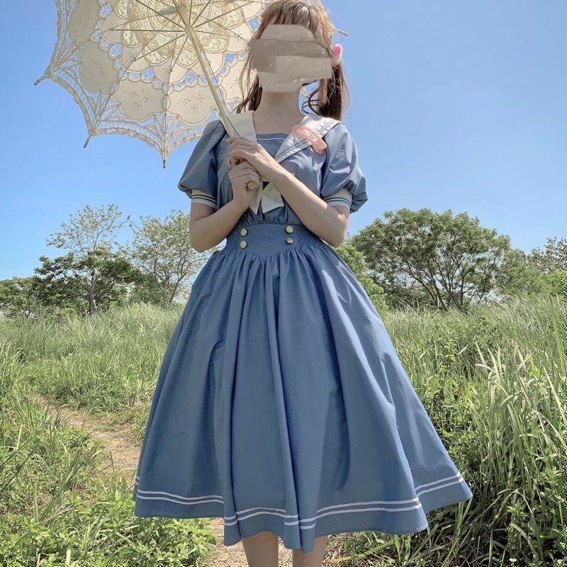 Платье в Корейском стиле JK, универсальная свободная Облегающая темно-синяя юбка трапециевидной формы с воротником для студентов, для лета