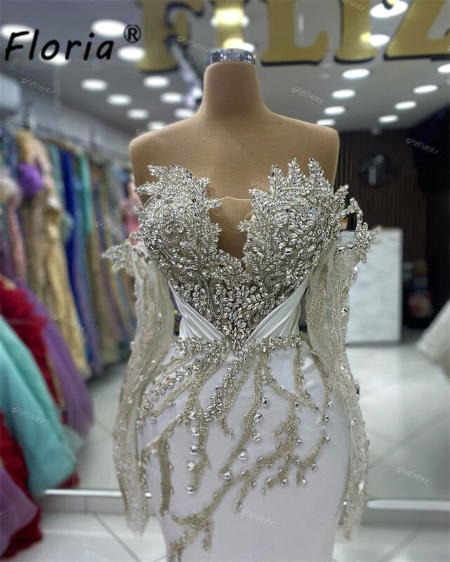 Piękna dubajska suknia ślubna z długim rękawem odpinany pociąg 3D kryształowa aplikacja syrenka formalna okazja suknie przyjęcie zaręczynowe
