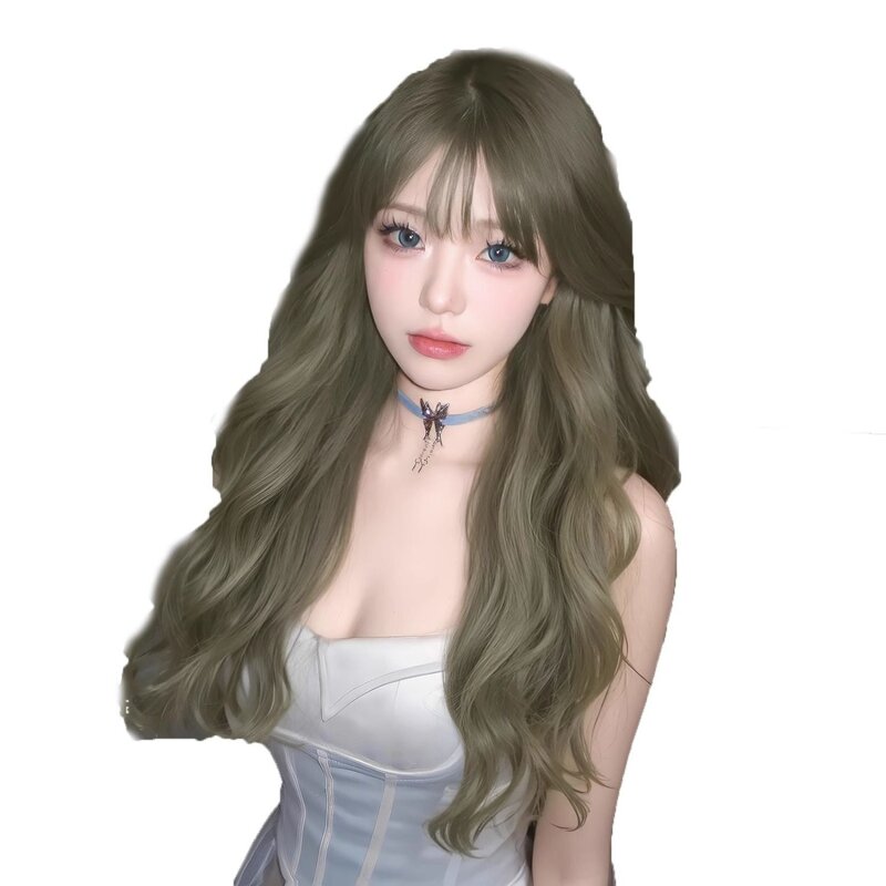 2024 baru Wig untuk wanita panjang keriting rambut Mint coklat Lolita hijau Set Wig simulasi alami tanpa lem Mode Korea Wig Cosplay