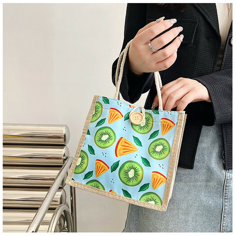 Bolso de mano de lona para mujer, bolsa de lino con cremallera y botón, de gran capacidad, con estampado de frutas, portátil, para compras y almuerzo
