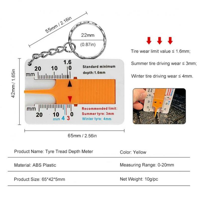 Medidor de profundidad de la banda de rodadura de plástico amarillo para coche, motocicleta y camión, con llavero, indicador portátil de profundidad, 2 piezas, 0-20mm