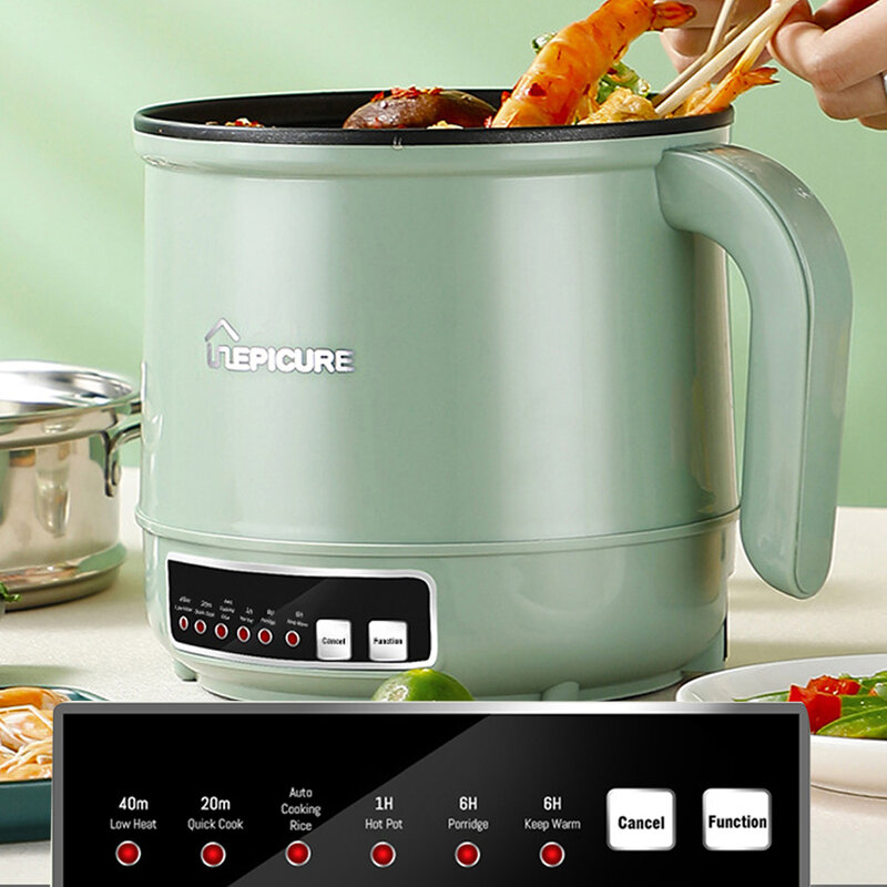 Mini máquina de cozinhar elétrica multifunções, Panela quente de camada única ou dupla, Fogão de arroz inteligente, Panelas antiaderentes, 1,8 l