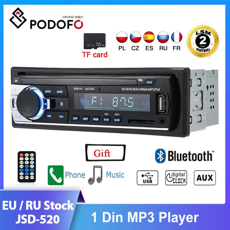 Podofo JSD-520 Radio samochodowe w desce rozdzielczej 1 Din magnetofon odtwarzacz MP3 FM Audio Stereo USB/SD wejście AUX Port ISO Bluetooth Autoradio