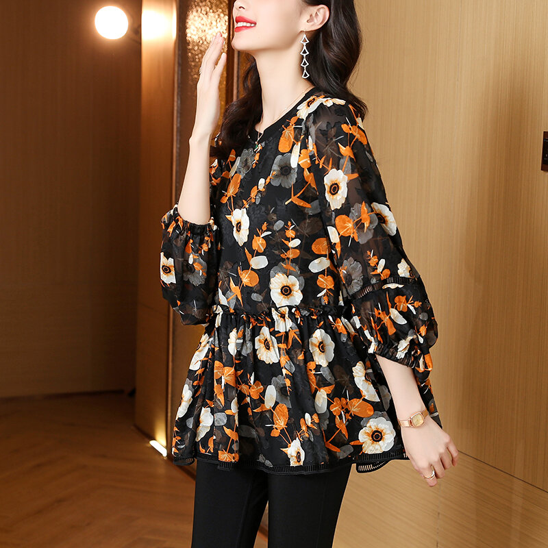 2023 Spring/Summer Silk Printed Bubble Sleeves Chiffon Shirt Women's Cover Up and Show Thin O-Neck Loose Large Vintage T-shirt