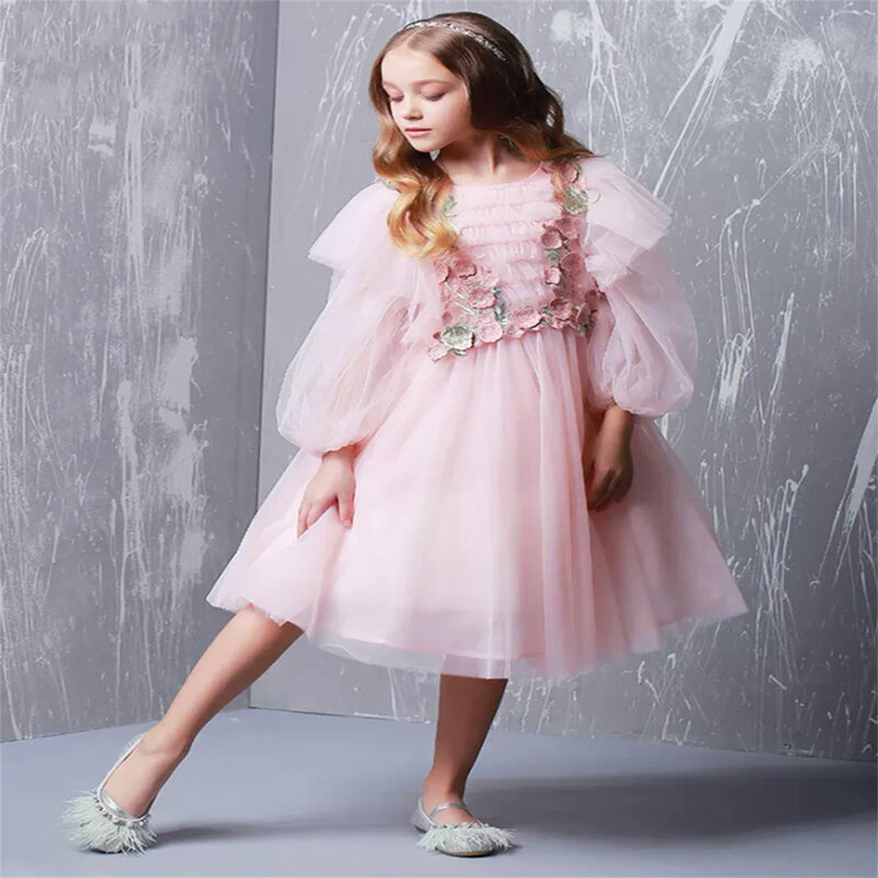 Pink Tulle Puffy Long Sleeve Applique Flower Girl Dress For Wedding Child Holy Communion Birthday Party Princess Ball Gown