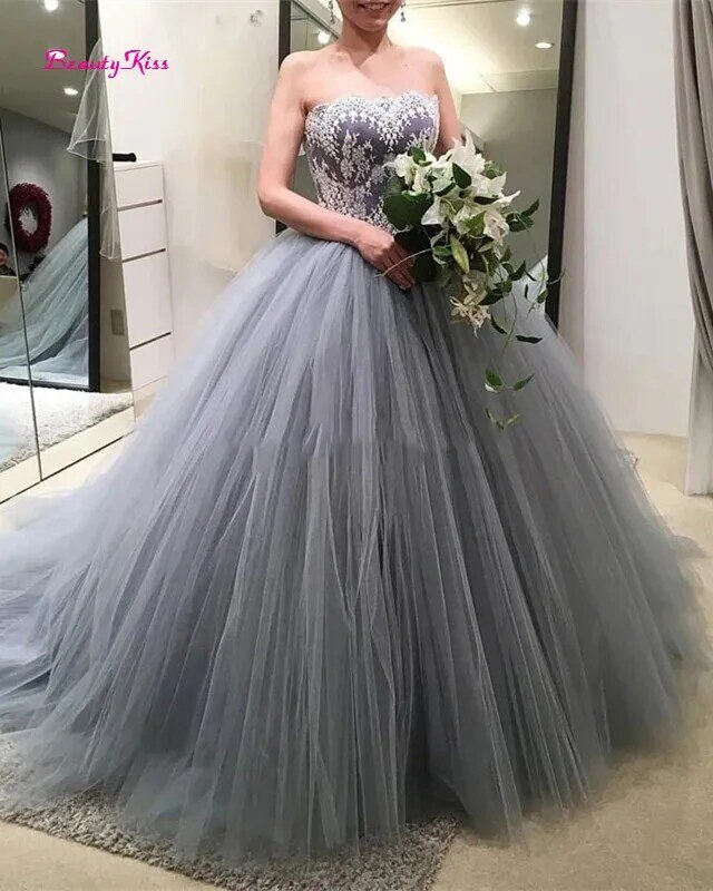 Silver Grey Tulle Wedding Dresses with White Appliques Off The Shoulder Sweetheart Princess Bridal Gowns Vestido De Noiva