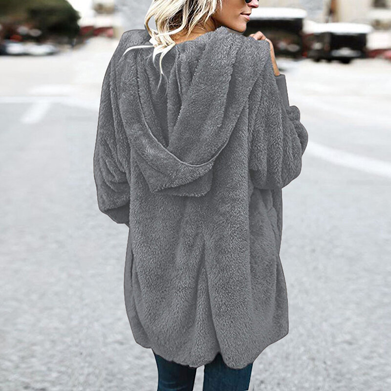 Mantel bulu wanita, jaket wanita kasual modis kasual panjang Medium warna polos musim gugur musim dingin dengan dua sisi