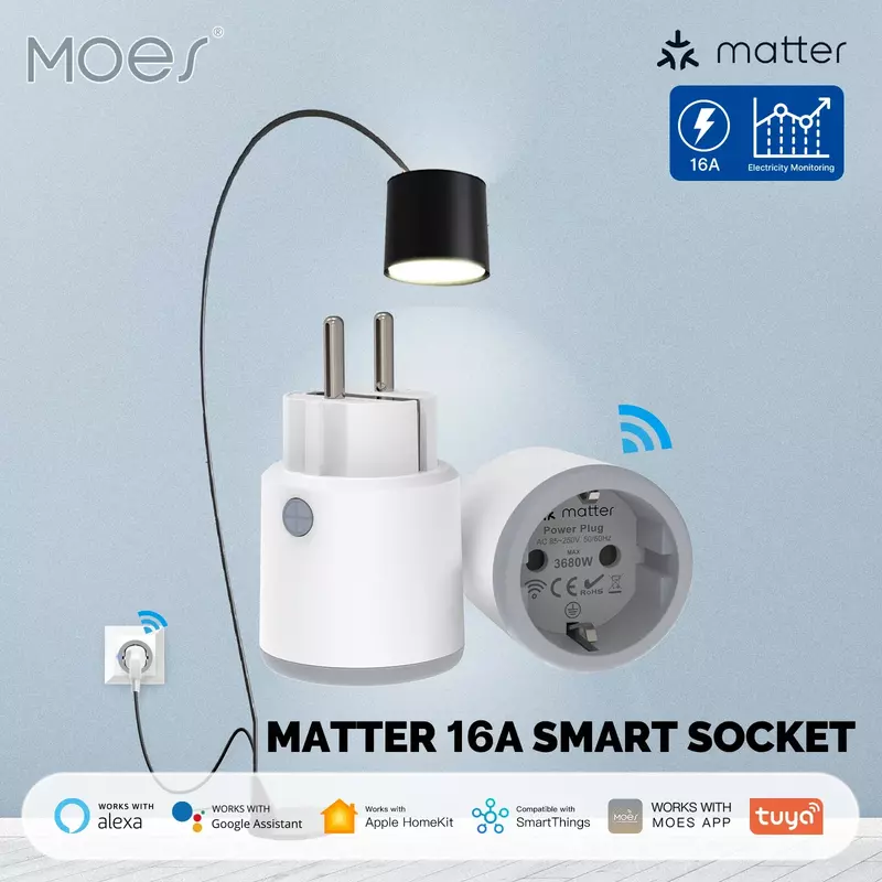 MOES-Tomada Smart Plug Matter WiFi, 16A, Temporizador Inteligente, Monitor de Alimentação, TUYA, Homekit da Apple, Trabalhar com o Google Home, Alexa