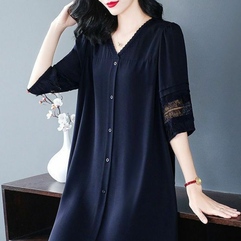 Ladies Spring Simplicity Casual Loose Office Lady Patchwork Hollow Out Buttons Solid Color V-neck 3/4 Sleeve Dress Large Size