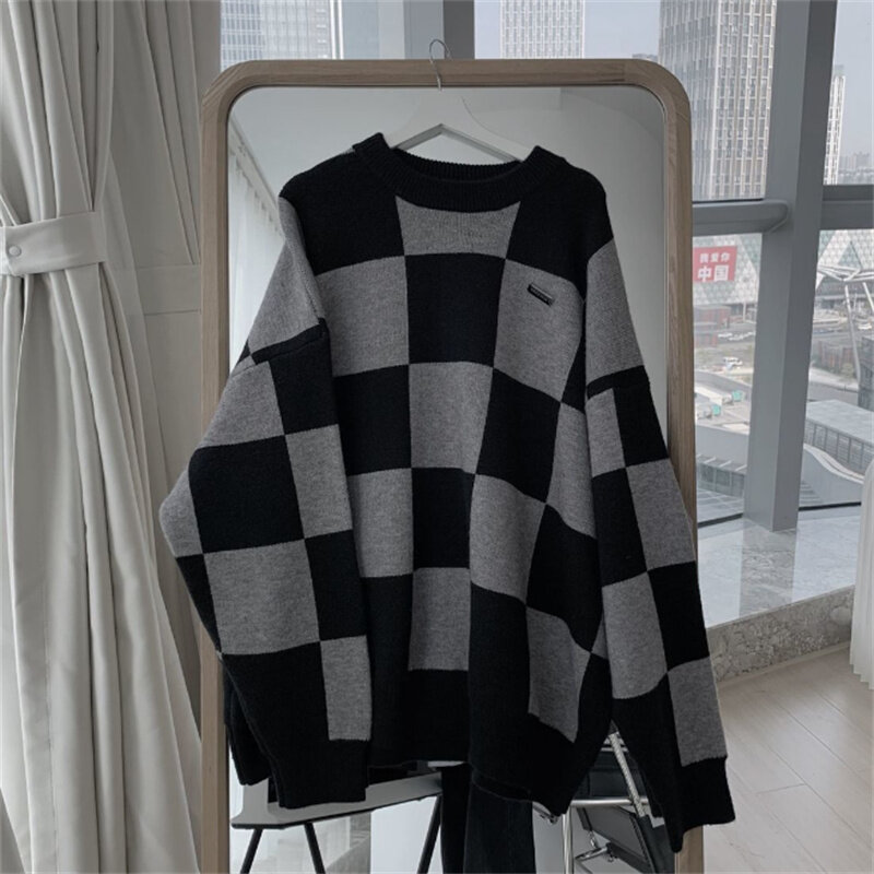 2024 Men's Casual Sweaters Plaid Print Knitted Sweater Long Sleeve Pullover Loose O-neck Men's Knitwear Autumn Winter