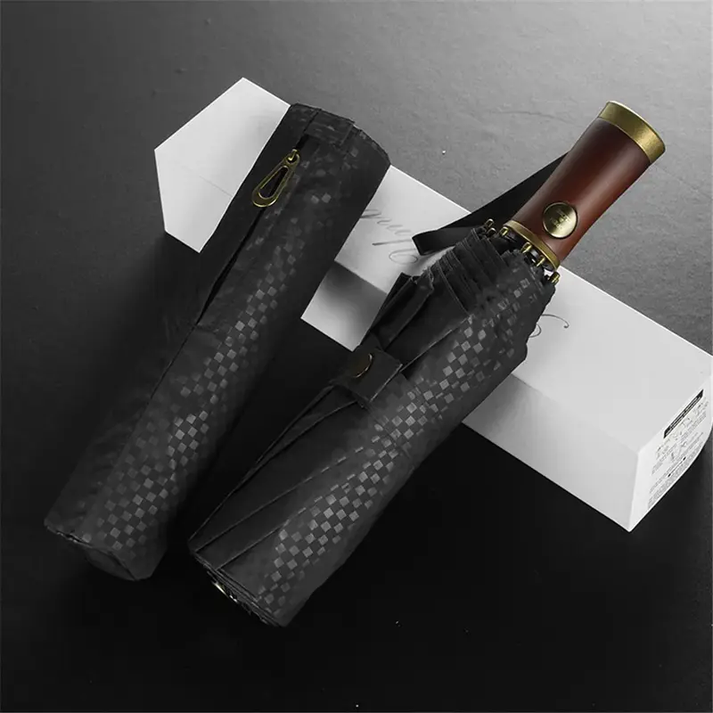 Paraguas UV automático para hombre y mujer, sombrilla de negocios con mango de madera, caja de regalo