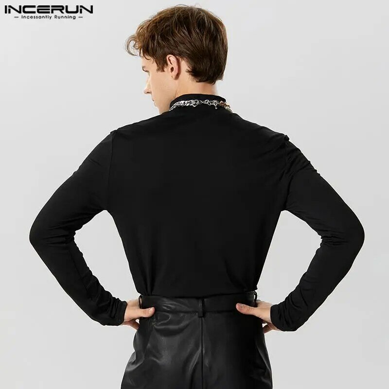 Incerun-Bodysuits estilo elegante sexy dos homens, malha emenda Design macacão, fino metade do pescoço alto triângulo macacões, Homewear, novo, S-5XL