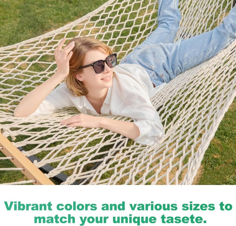 12ft Double Hammocks, Handwoven Traditional Cotton Rope Hammock with Hardwood Spreader Bar, Chains and Hooks for Indoor Outdoor