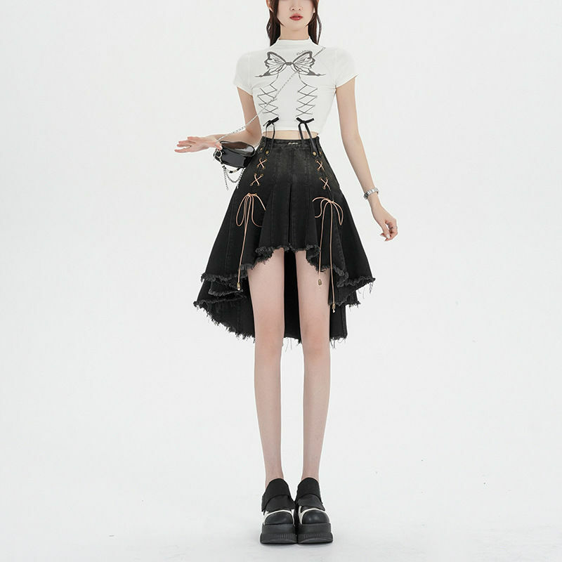 Rok Denim Balut rok Vintage tidak beraturan, pakaian rok jins A-Line gaya Korea merenggang modis