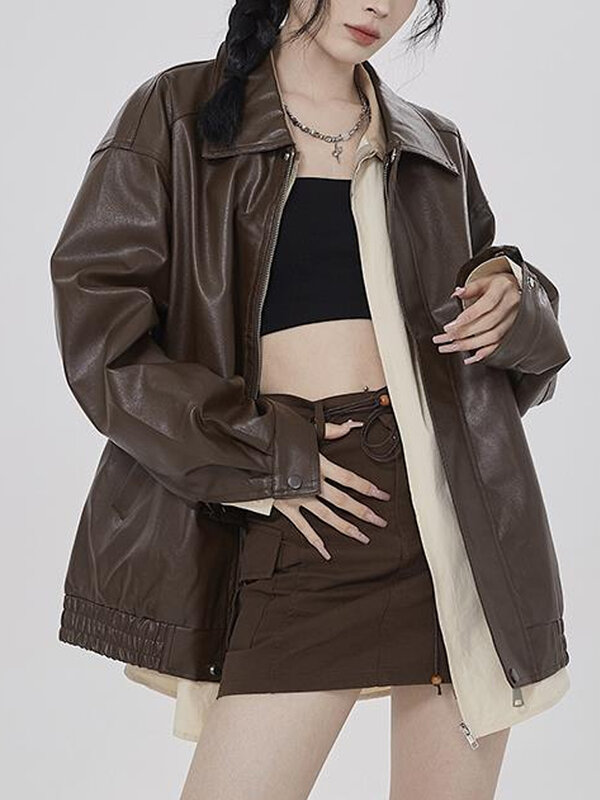 Punk Black Leather Jacket Women Streetwear Loose Zipper Moto Biker Leather Jacket Outwear Korean Casual Faux Leather Coat New