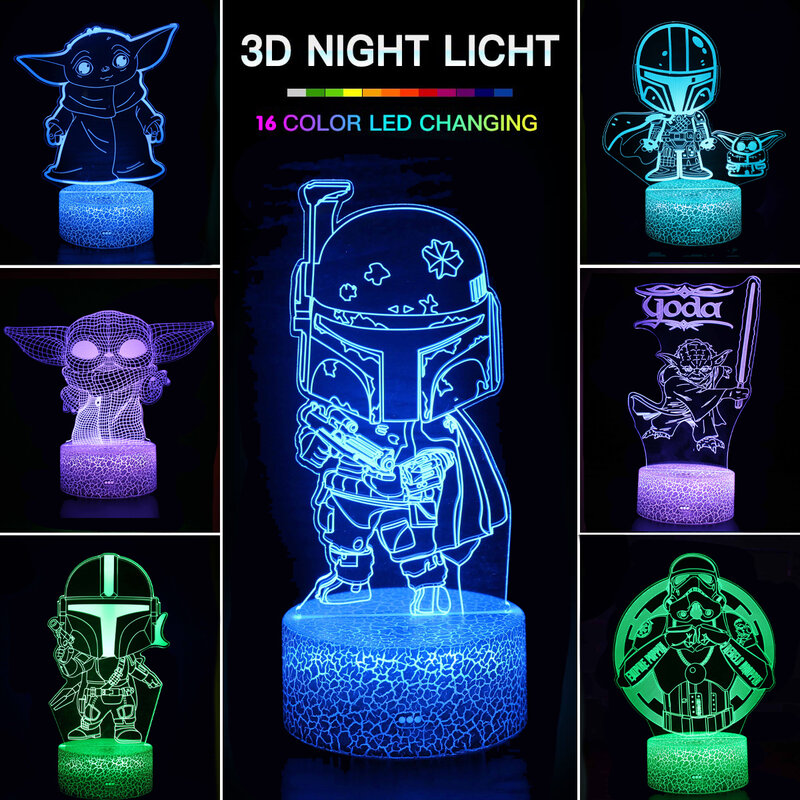 Veilleuse 3D Yoda pour bébé, personnages de dessin animé, Mandalorian, 16 couleurs, lumière LED tactile, lampe de Table pour chambre à coucher, cadeau de noël pour enfants