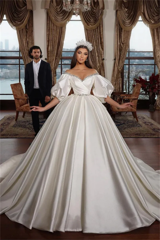 Великолепные Свадебные платья-трапеции, элегантное атласное платье невесты с открытыми плечами, свадебное платье со шлейфом и рюшами, свадебное платье, 2024