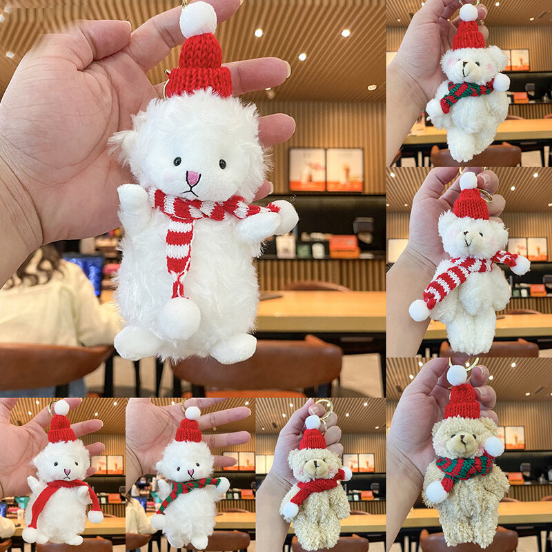 Cute Plush Backpack Decoration Keychain Christmas Plush Bear Keychain Fuzzy Knitted Hat Long Scarf Holiday-themed Keychain