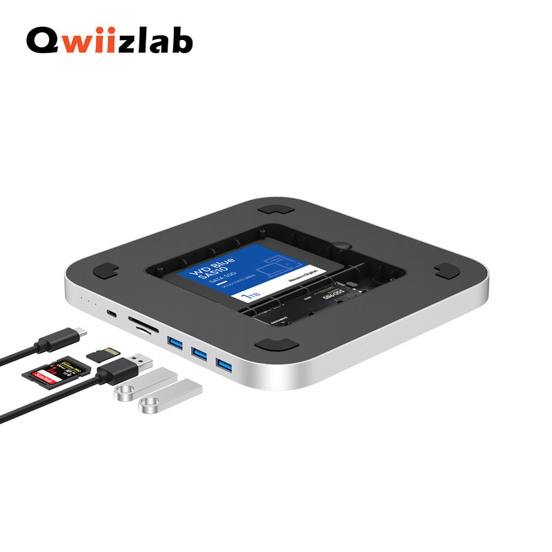 Qwiizlab USB C Hub لجهاز Mac Mini M2 M1 مع حاوية محرك مزدوج SATA NVMe M.2 SSD Type-C 10Gbps SD TF قارئ بطاقات محطة الإرساء