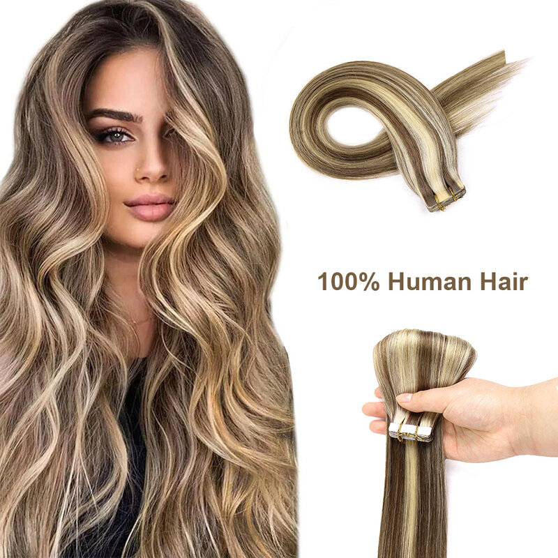Straight Tape in Hair Extensions Human Hair Blonde Highlighted Seamless Tape in Extensions Ash Brown to Platinum Blonde #P8/60