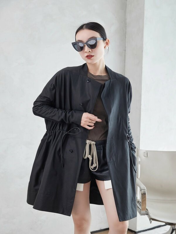 여성 블랙 정품 가죽 럭셔리 양가죽 느슨한 중반 롱 코트 Drawstring 스플 라이스 니트 슬리브 디자인 윈드 브레이커 Outwear