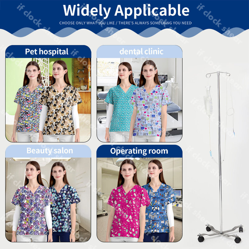 Printed Women Hospital Workwear Cotton Short Sleeve Scrub Tops Medical Clothing Health Service Nursing Scrub Uniform Tops Unisex