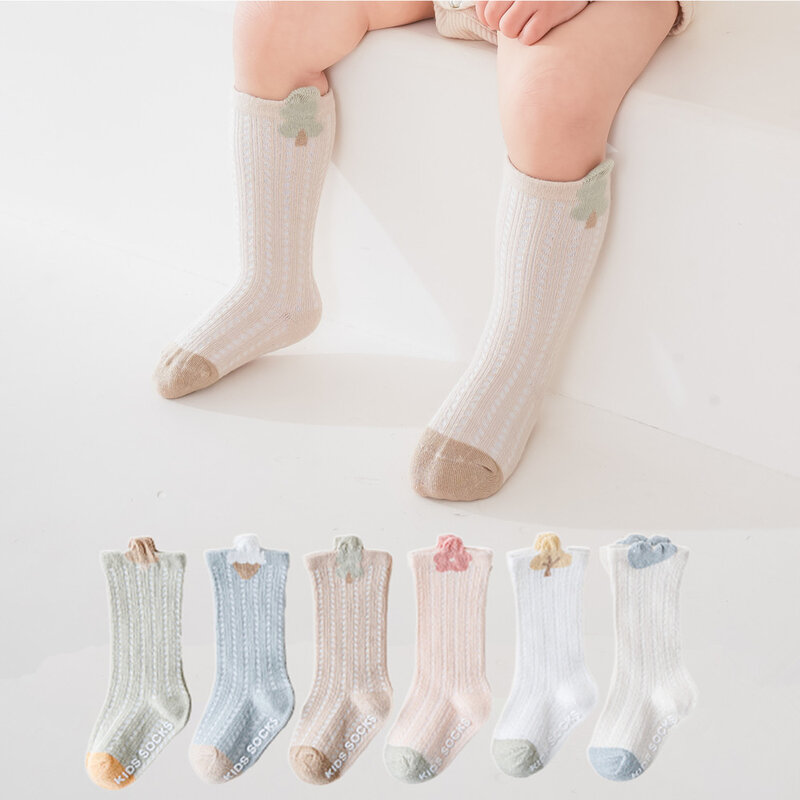 Fino algodão longo tubo meias para recém-nascidos, anti-derrapante, resistente a mosquitos, médio, malha, verão, 3 pares