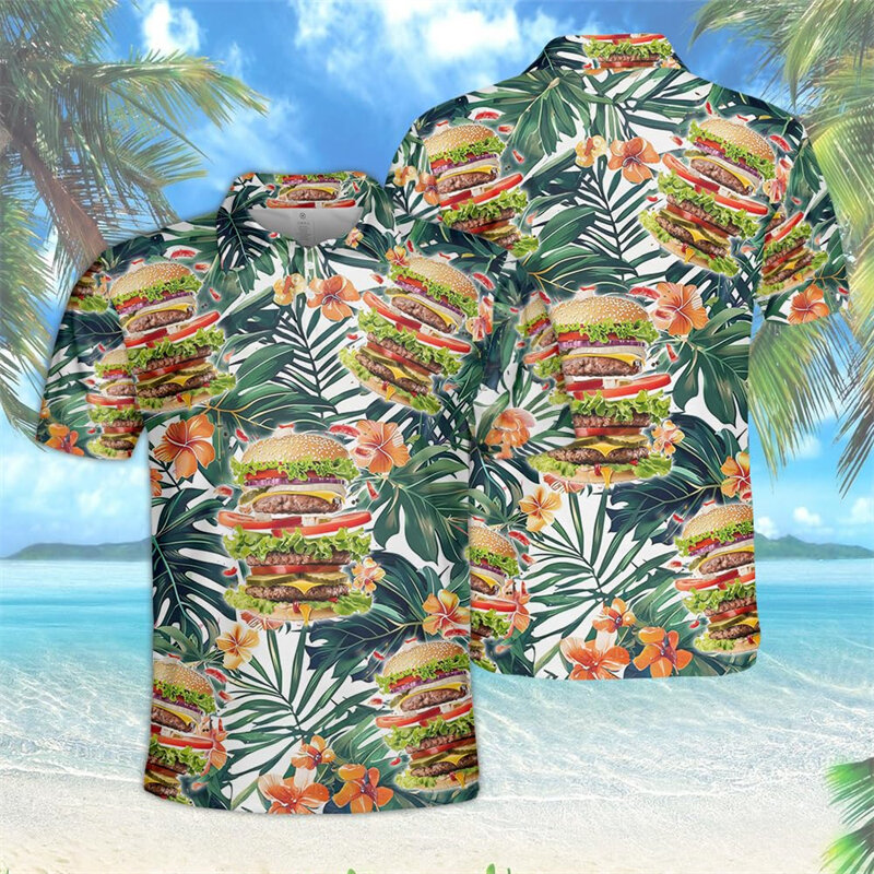 Koszulki Polo dla miłośników hamburgerów dla mężczyzn Harajuku moda Burger POLO koszulka Hip Hop hawajska bluzka z krótkim rękawem Y2K męska koszulka