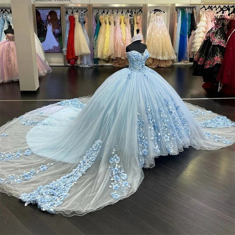 Vestidos de princesa azul cielo para quinceañera, vestido de baile con perlas florales, dulce 16, personalizado, 15 Años