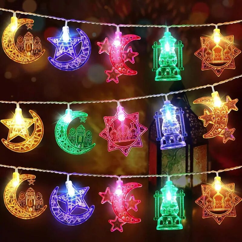 Lampu setrip LED Lebaran 1.5M, 10LED cahaya senar LED Islam Muslim pesta Festival Bulan Bintang istana lentera dekorasi rumah Ramadan 2024 baru